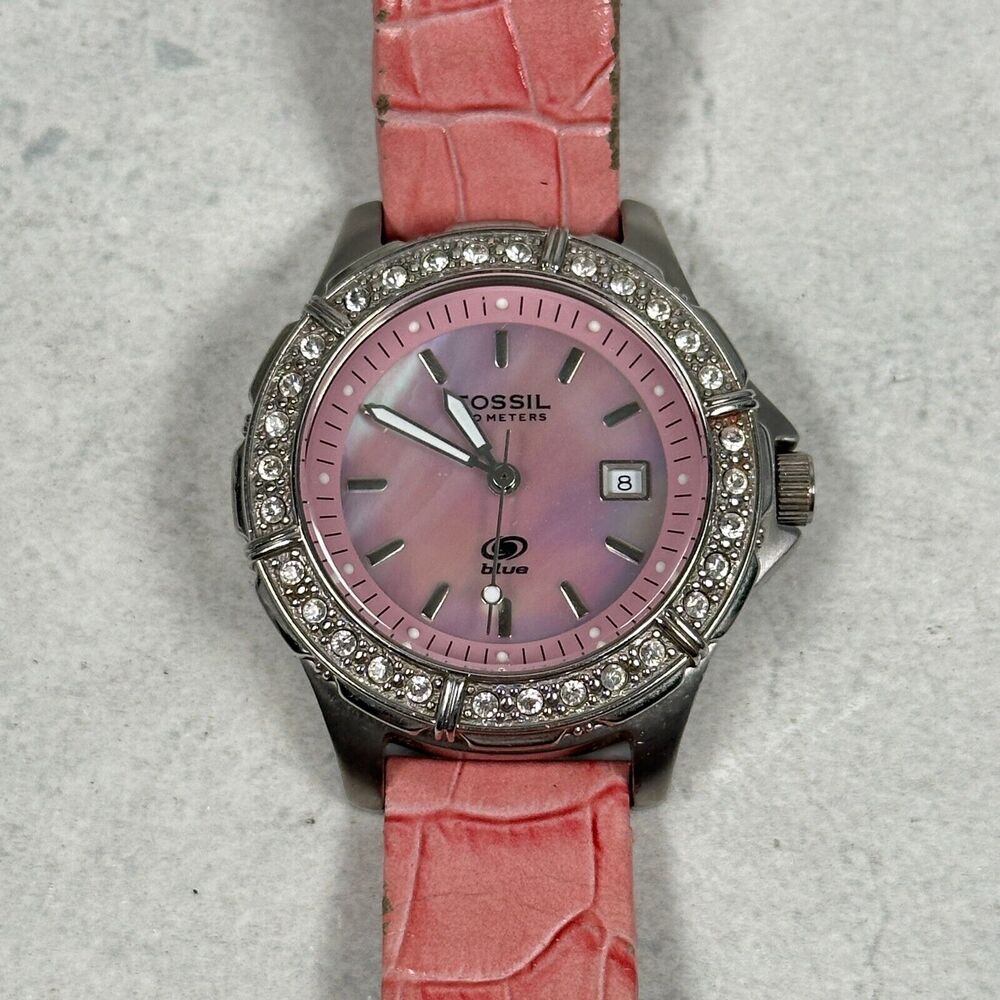 Fossil Watch Womens 35mm Date Pave Bezel Pink MOP Bezel Silver Tone New Battery